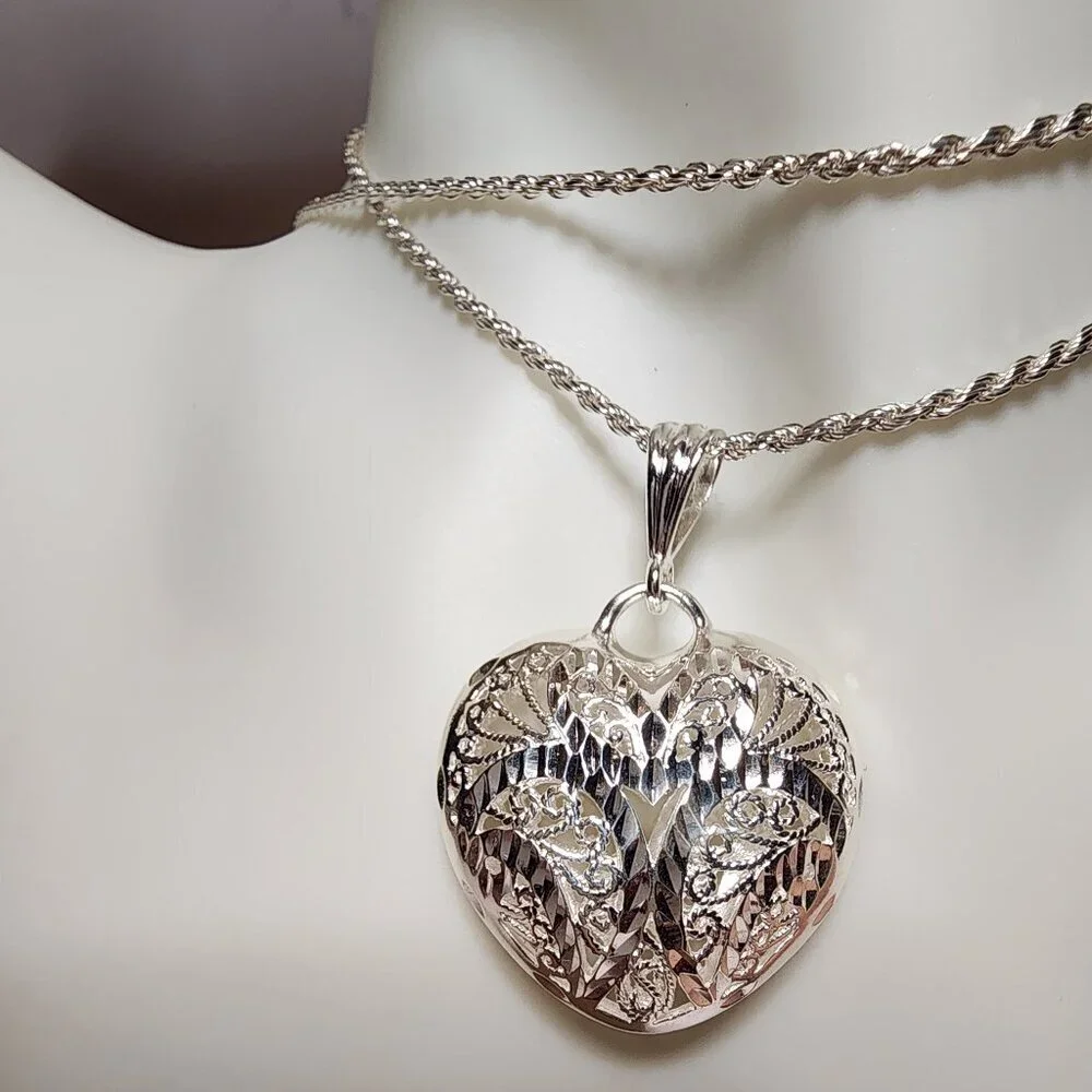 925 Silver Filigree Puffy Heart Pendant with Long Rope Chain